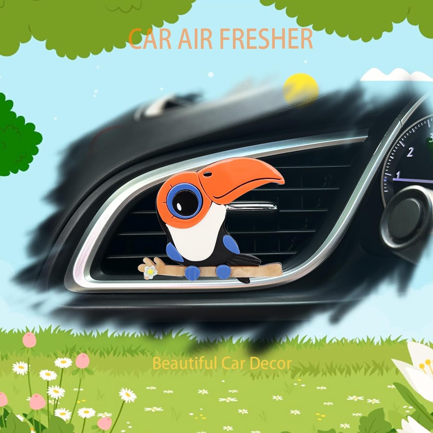 Bird Car Decor,Cute Toucan Air Vent Clip Car Freshener,Acrylic Rainforest Theme Decorations Accessories,Refillable Clip on Diffuser for Women Teens