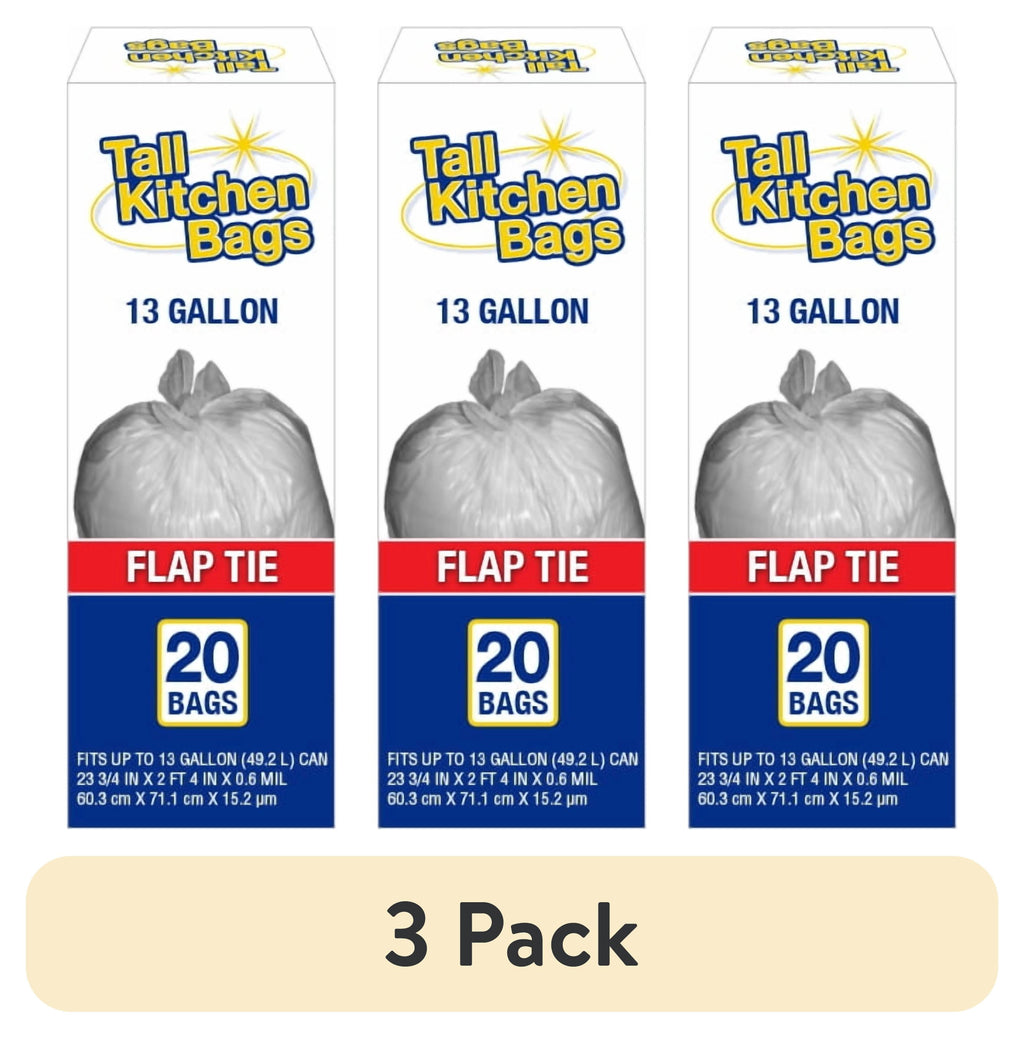 (3 Pack)  Basic Kitchen Trash Bags, 13 Gallon, 20 Bags (Flap Tie)