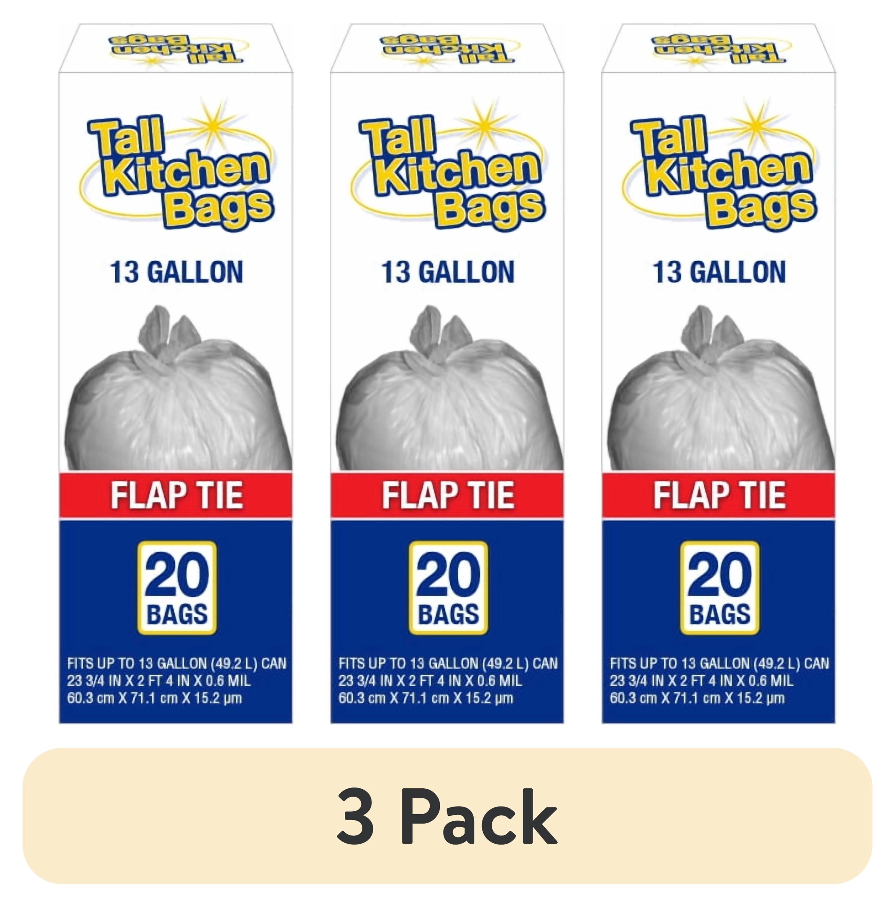 (3 Pack)  Basic Kitchen Trash Bags, 13 Gallon, 20 Bags (Flap Tie)