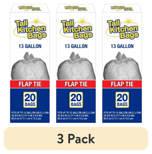 (3 Pack)  Basic Kitchen Trash Bags, 13 Gallon, 20 Bags (Flap Tie)