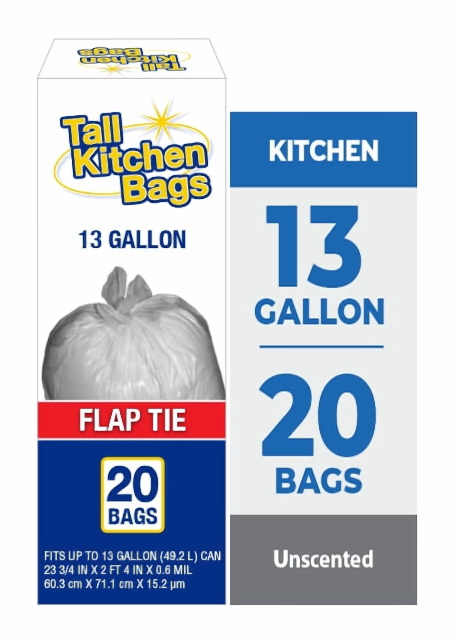 (3 Pack)  Basic Kitchen Trash Bags, 13 Gallon, 20 Bags (Flap Tie)