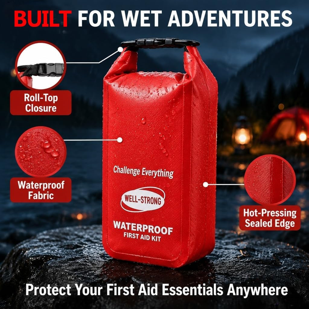 Waterproof First Aid Kit Roll Top Boat Emergency Kit with Waterproof Contents for Fishing Kayaking Boating Swimming Camping Rafting Beach Red